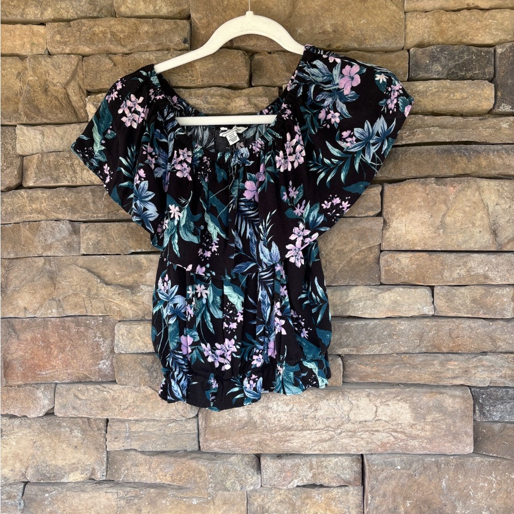 American Eagle Outfitters Black and Blue Smocked Blouse